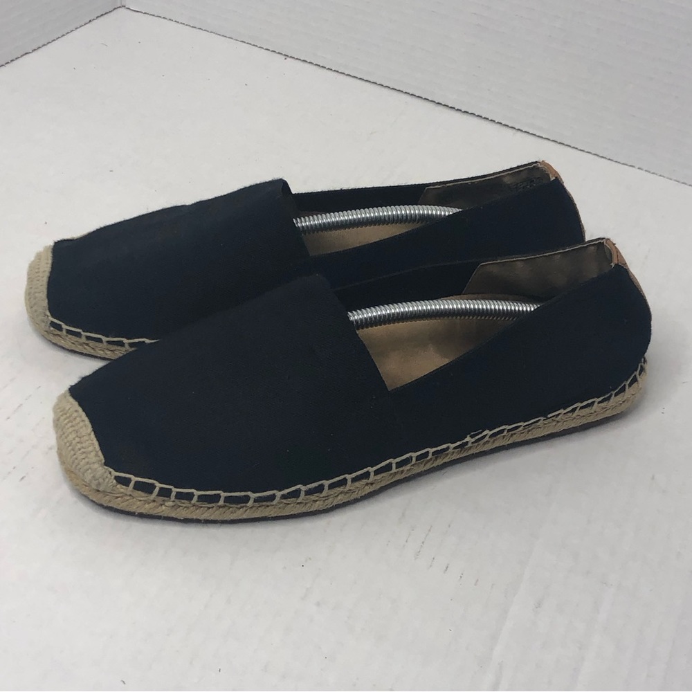 Vionic Loafers Valeri Slip On Shoes Womens 9 Black Tan Canvas Espadrilles Flats